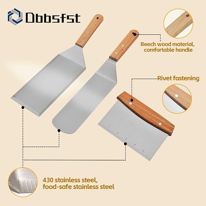 Commercial Griddle Tools Set – Stainless Steel Grill Spatula, Scraper & Dough Cutter for Flat Top Grill, Outdoor BBQ & Kitchen Griddle
