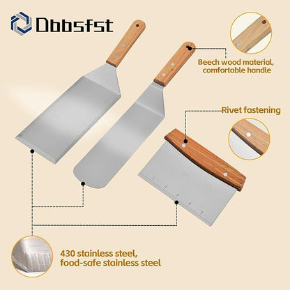 Commercial Griddle Tools Set – Stainless Steel Grill Spatula, Scraper & Dough Cutter for Flat Top Grill, Outdoor BBQ & Kitchen Griddle