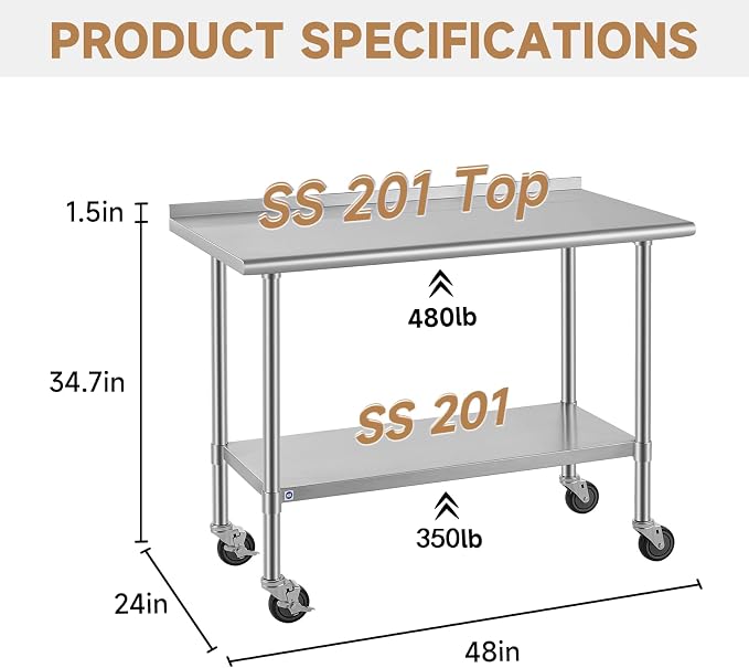 ROCKPOINT All Stainless Steel Prep Table with Caster & Backsplash 24x48 Inch，Commercial Heavy Duty Workbench with Stainless Legs & Adjustable Undershelf,830 lb Capacity for Outdoor Kitchens with Wheel