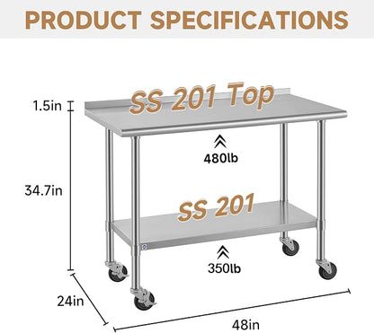 ROCKPOINT All Stainless Steel Prep Table with Caster & Backsplash 24x48 Inch，Commercial Heavy Duty Workbench with Stainless Legs & Adjustable Undershelf,830 lb Capacity for Outdoor Kitchens with Wheel