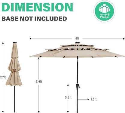 JEAREY 9 ft 3-Tier Outdoor LED Lighted Patio Umbrella w/Crank, Beige | Solar Market Table Umbrella with 8 Sturdy Ribs, UV Protection Waterproof Sunproof for Garden, Deck and Backyard