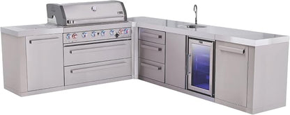 Mont Alpi 94"W x 113"D x 46"H Premium Stainless Steel L-shaped Outdoor Kitchen Island with Beverage Center Refrigerator Faucet & Sink Combo + 44"W 6-Burner BBQ Grill + Granite Countertops + Storage
