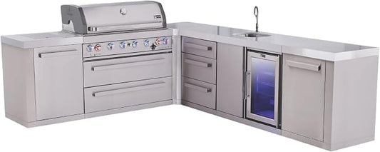 Mont Alpi 94"W x 113"D x 46"H Premium Stainless Steel L-shaped Outdoor Kitchen Island with Beverage Center Refrigerator Faucet & Sink Combo + 44"W 6-Burner BBQ Grill + Granite Countertops + Storage