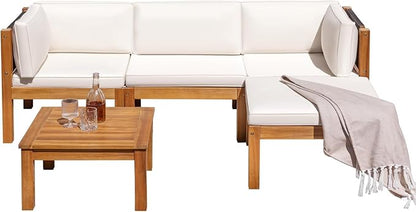 Greesum 5 Pieces Small Patio Sofa, Acacia Wood Outdoor Conversation Sets with Tea Table for Garden Porch and Backyard, Beige