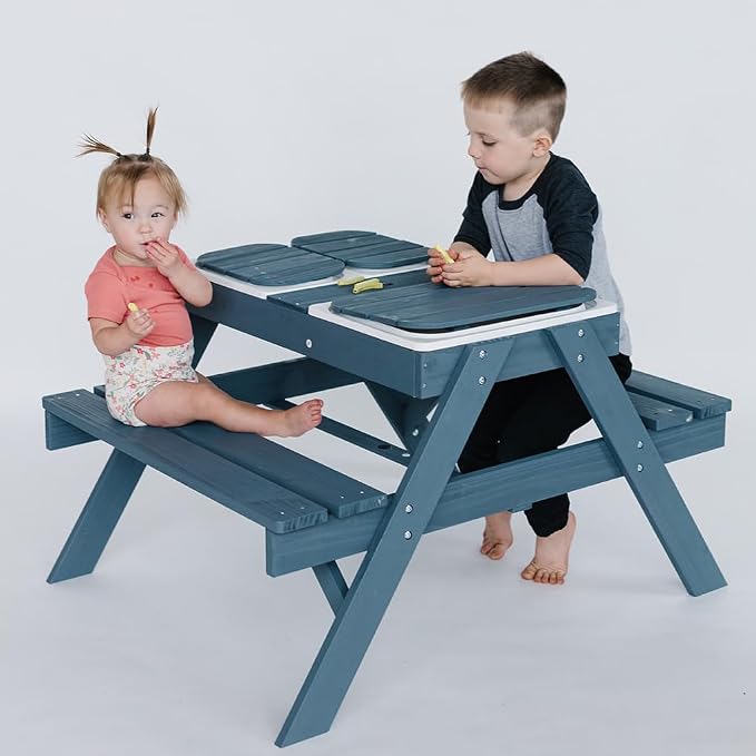 3-in-1 Kids Picnic Table, Play Sand and Water Sensory Table with Height Adjustable Umbrella & Removable Tabletop, Kids Wooden Outdoor Table, with 3 Storage Bins, Upgraded