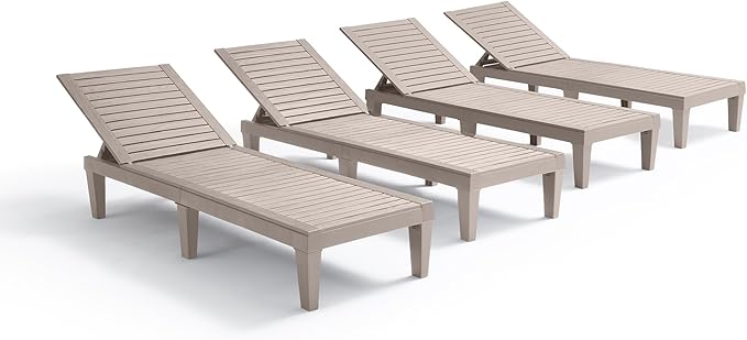 Nestl Sun Tanning Chair - Sand Beige Chaise Lounge Chair Outdoor, Lightweight Pool Lounge Chairs Set of 4, Adjustable 5-Position Reclining Lawn Chair, Waterproof Beach Outdoor Lounge Chairs