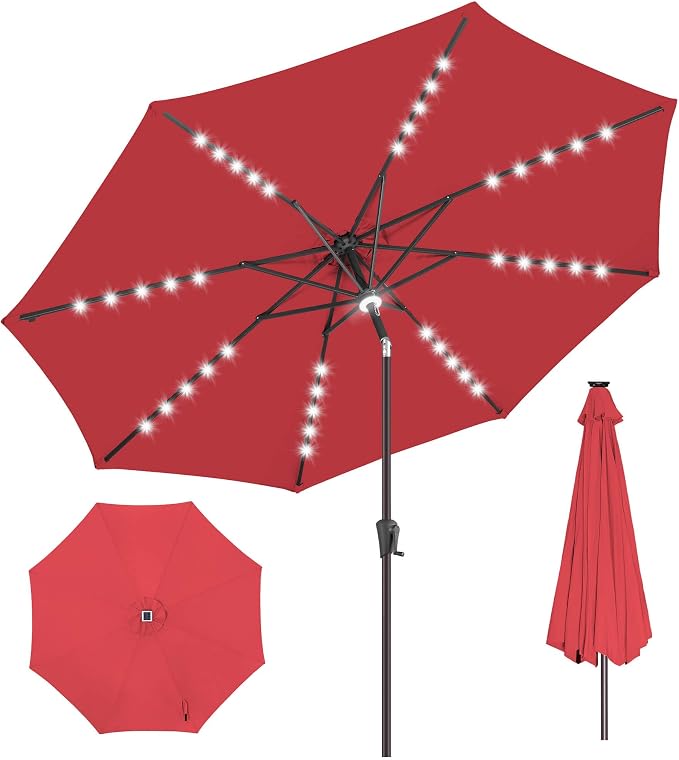 Solar Patio Umbrella Outdoor with Centre Light, 11 ft Red | 40 LED Lights, UV Protection, Solar Outdoor Umbrella for Porch, Deck, Pool, Table, Garden, Provides Evening Lighting