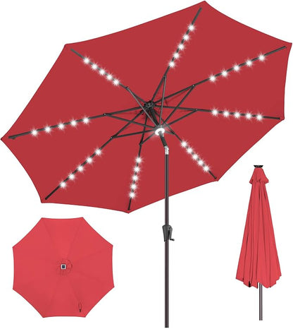 Solar Patio Umbrella with Centre Light, 9 ft Red | 40 LED Lights, UV Protection, Solar Outdoor Umbrella for Porch, Deck, Pool, Table, Garden, Provides Evening Lighting