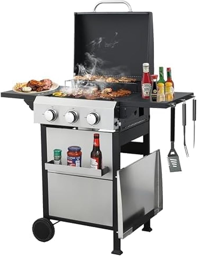 3-Burner Propane Gas BBQ Grill with Plate, 36900 BTU 2 in 1 Propane Griddle Grill Combo with 2 Foldable Side Table for Outdoor Cooking Camping Patio Backyard (3 burner +griddle)
