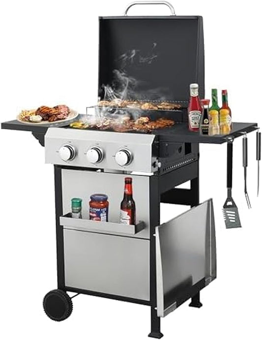 3-Burner Propane Gas BBQ Grill with Plate, 36900 BTU 2 in 1 Propane Griddle Grill Combo with 2 Foldable Side Table for Outdoor Cooking Camping Patio Backyard (3 burner +griddle)