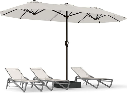 15FT Large Patio Umbrella with Base, Double Sided Rectangular Outdoor Umbrella with Sturdy Fiberglass Ribs, UPF 50+ Sun Protection, Wind-Resistant, Waterproof Fade-Resistant Fabric for Pool, Garden, Backyard, Deck(Creamy-white)