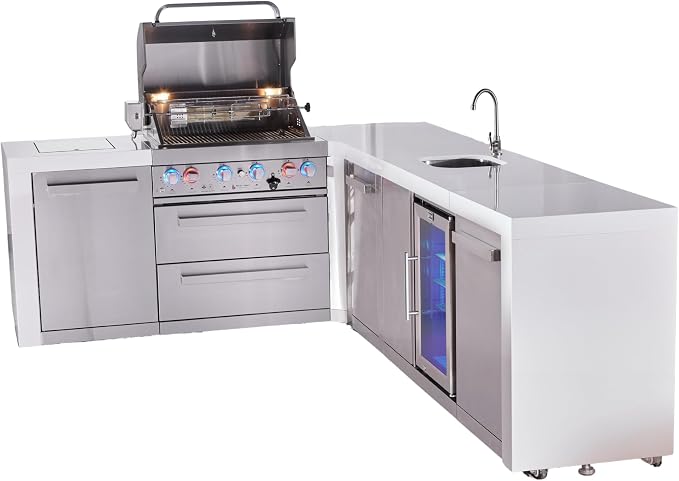 Mont Alpi L-shaped 82"W x 113"D Deluxe Stainless Steel Outdoor Kitchen Island with Refrigerator + Faucet & Sink Combo + 32"W 4-Burner BBQ Gas Grill + Granite Countertops + Storage + Rotisserie + Cover