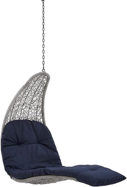 Modway Landscape Wicker Rattan Outdoor Patio Porch Chaise Lounge Hanging Swing Chair in Light Gray, Navy