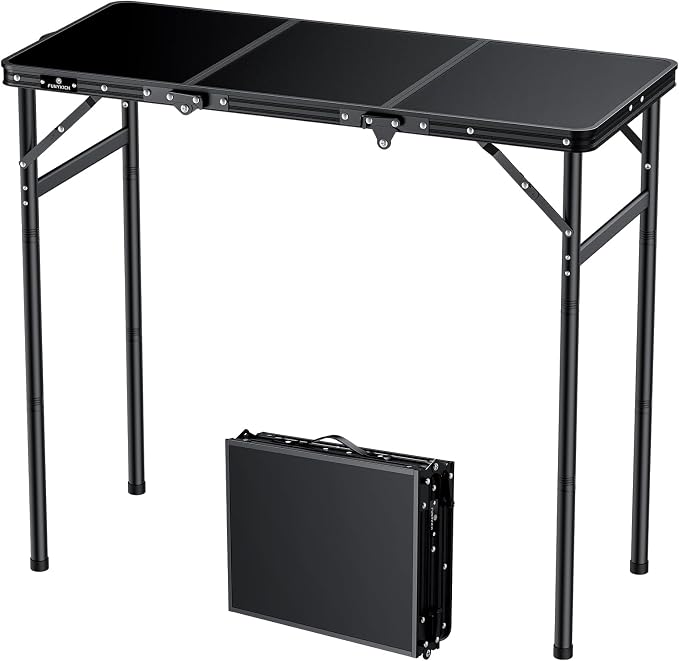 FUNYKICH 3ft Aluminum Folding Camping Table, 3 Height Adjustable Max 29.4" | 35.4''x15.7'' Tabletop, Ultralight Portable Design with Carry Handle for Car Travel, Camping, Backyard, Beach & Picnic, Balck