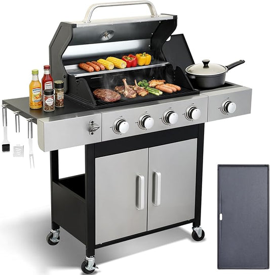 4 Burner Propane Gas Grill, 49,000 BTU Outdoor BBQ Grill with Cast Iron Grates & Griddle Combo, Large Cooking Area with Side Burner, Pullout Grease Tray, Portable for Backyard Patio
