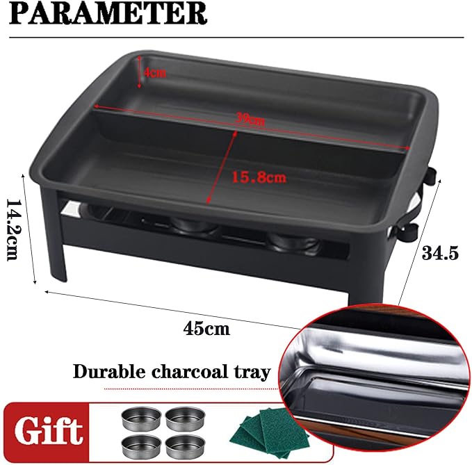 Teppanyaki Grill and Portable Charcoal Alcohol Barbecues Grill Stainless Steel Griddle Pan, Camping BBQ Grilling and Grilled Fish Stove for Indoor Outdoor (45 * 34.5cm)