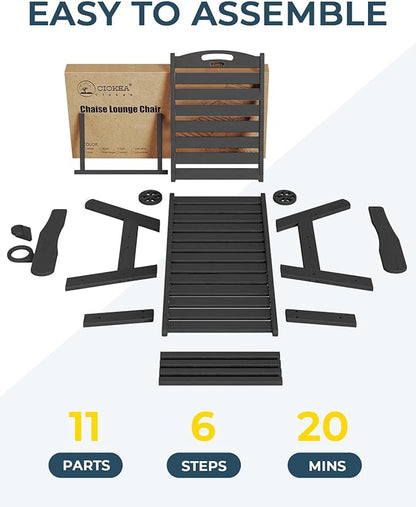 Ciokea Outdoor Chaise Lounge Chair Set of 2, Patio Lounge Chairs for Outside, HDPE Lounge Chairs with Wheels & Cup Holder, Poly Lounge Chair with 5 Position for Poolside, Deck, Black
