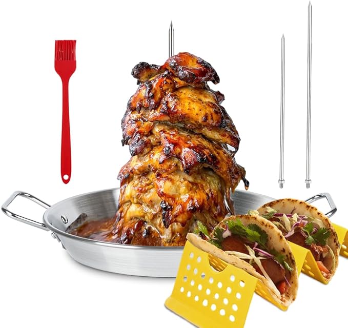 BBQ Vertical Skewer Pan Stainless Steel Gyro Spit Shawarma Stand for oven, Al Pastor Skewer for Grill, El Pastor Hack for Tacos Al Pastor Chicken, Brazilian, with 8",10" stick
