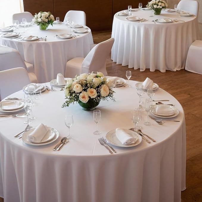 6 Pack White Spandex Table Skirts for 60 Inch Round Tables, Wedding Party | Floor Length Spandex Table Covers For 5 Ft Wedding Cake Tables, Ruffle Desig, Wrinkle Resistant,Banquets, Baby Showers