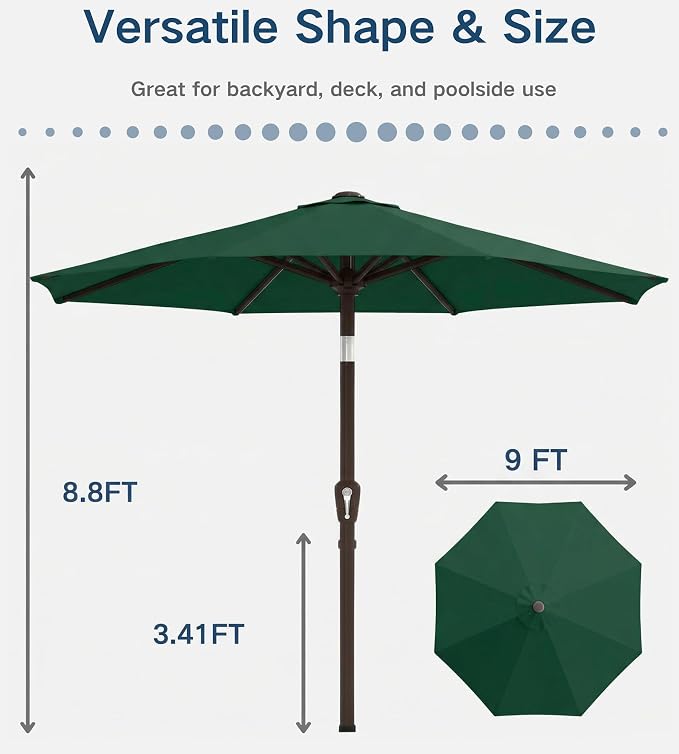 PatioKingdom Auto-Tilt 9FT Patio Umbrella Outdoor with 8 Sturdy Fiberglass Ribs,Market Table Umbrella for Pool,Backyard,Deck and Garden