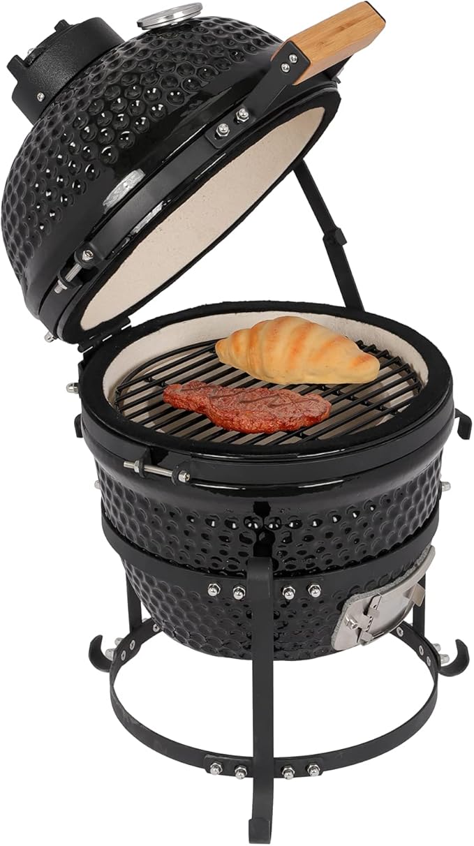 13" Portable Ceramic Charcoal Grill,Charcoal Grill and Smoker with Cast Iron Grates and Locking Lid,Grill Stand,Heat Deflectors and Ash Tool,Barbecue Grill for Outdoor Cooking and Camping (Black)