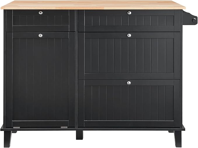 VEVOR Kitchen Island Cart, 50" Wood Top Breakfast Bar with Trash Cabinet Tilt Out 10 Gallon Storage, Farmhouse Dining Living Room Table with Drop Leaf, Towel Bar, Drawer, Black