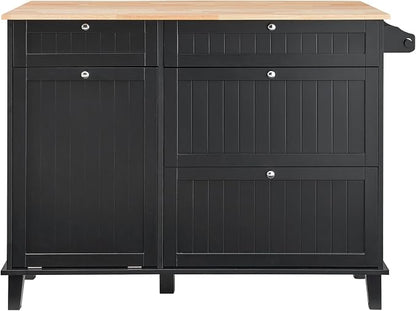 VEVOR Kitchen Island Cart, 50" Wood Top Breakfast Bar with Trash Cabinet Tilt Out 10 Gallon Storage, Farmhouse Dining Living Room Table with Drop Leaf, Towel Bar, Drawer, Black