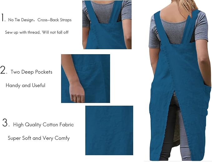 TBA Cotton Linen Apron Cross Back Apron for Women with Big Pockets Square Pinafore Dress for Baking Cooking BBQ & Grill
