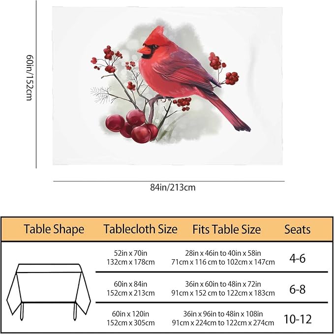 TKS MITLAN Red Cardinal Decorative Rectangle Tablecloth Bird Holly Berry Rustic Winter Polyester Table Cloths Kitchen Table Cover for Dining BBQ Picnic Coffee Table 60 x 84 Inch 6-8 Seats
