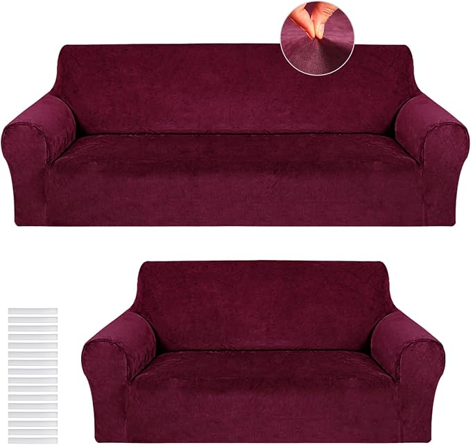 Peryiter 2 Pcs Couch and Loveseat Sofa Covers,Burgundy,Velvet | Armchair Covers for Living Room, Sofa Cushion Slipcover 2/3 Seater, Furniture Protector, Polyester and Spandex, Washable