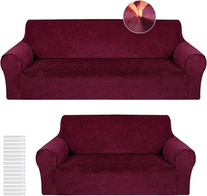 Peryiter 2 Pcs Couch and Loveseat Sofa Covers,Burgundy,Velvet | Armchair Covers for Living Room, Sofa Cushion Slipcover 2/3 Seater, Furniture Protector, Polyester and Spandex, Washable