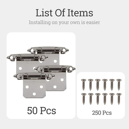 50-Pack Cabinet Hinges, 1/2 Inch Overlay, Satin Nickel Semi-Concealed, Self-Closing, Face Mount