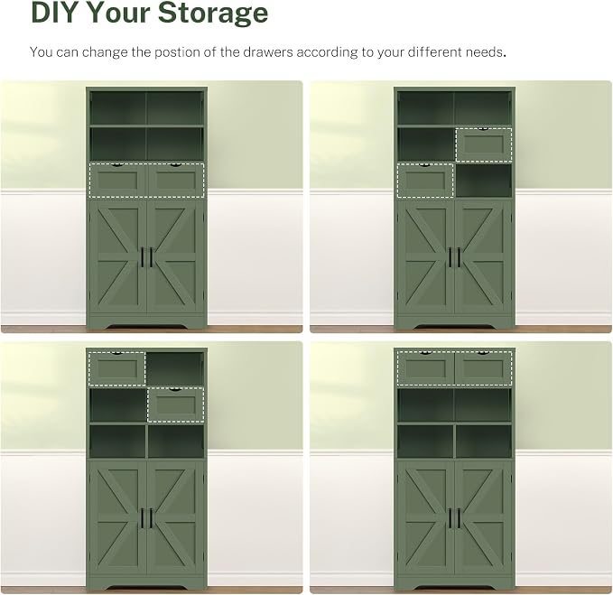 Bathroom Cabinet with Adjustable Shelf & 2 Drawers, Farmhouse Storage Cabinet with 2 Doors, Kitchen Storage Cabinets for Living Room, Entryway, Home Office, Forest Green