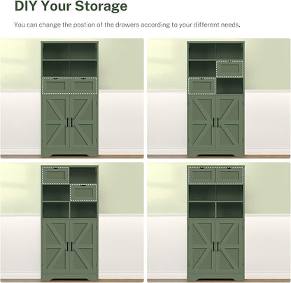 Bathroom Cabinet with Adjustable Shelf & 2 Drawers, Farmhouse Storage Cabinet with 2 Doors, Kitchen Storage Cabinets for Living Room, Entryway, Home Office, Forest Green