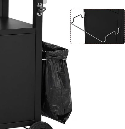 Outdoor Grill Cart with Storage, Stainless Steel Top Movable Kitchen Island for BBQ and Pizza Oven, Heavy Duty Food Prep Station with Foldable Shelf, Hooks and Waterproof Cover