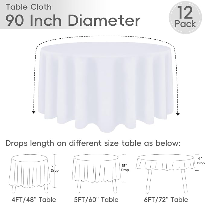12 Pack White Round Tablecloth 90 Inch | For 3Ft-5Ft Round Table, Wrinkle Resistant Table Cloth, Washable Polyester Fabric, For Wedding Party Banquet Buffet Camping