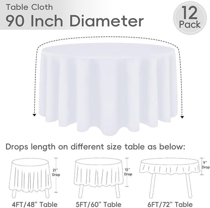 12 Pack White Round Tablecloth 90 Inch | For 3Ft-5Ft Round Table, Wrinkle Resistant Table Cloth, Washable Polyester Fabric, For Wedding Party Banquet Buffet Camping