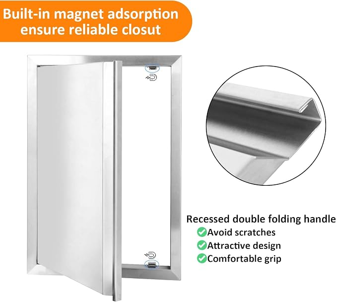 JIE JIN Outdoor Kitchen Door 17" W X 24" H Single Doors BBQ Access Door BBQ Island Door 304 Brushed Stainless Steel Flush Mount Door for Outdoor Kitchen BBQ Island Outdoor Cabinet Doors