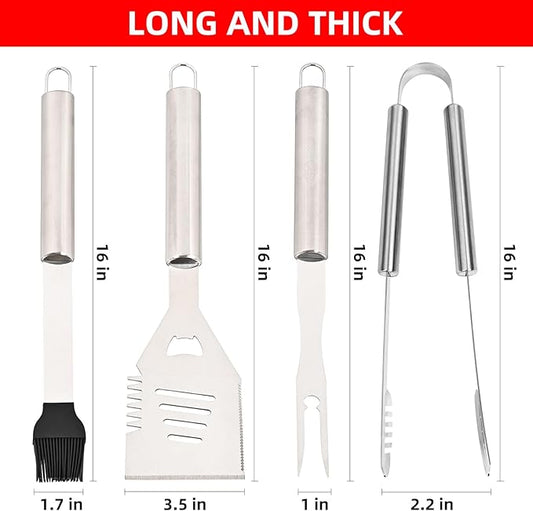 Grilling Accessories - BBQ Accessories 4pc Heavy Duty Grill Accessories Barbecue Grilling Tools Utensils Set with Spatula, Fork, Brush, Tongs Kit Ideal Gift for Father Men Husband Birthday