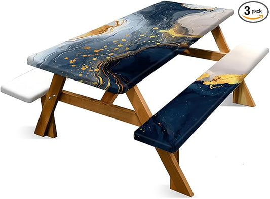 Marble Picnic Table Cover with Table Cover, Outdoor Picnic Table Elastic Tablecloth, Blue and Gold Abstract Design, Camping, Barbecue and Terrace Dining Tablecloth