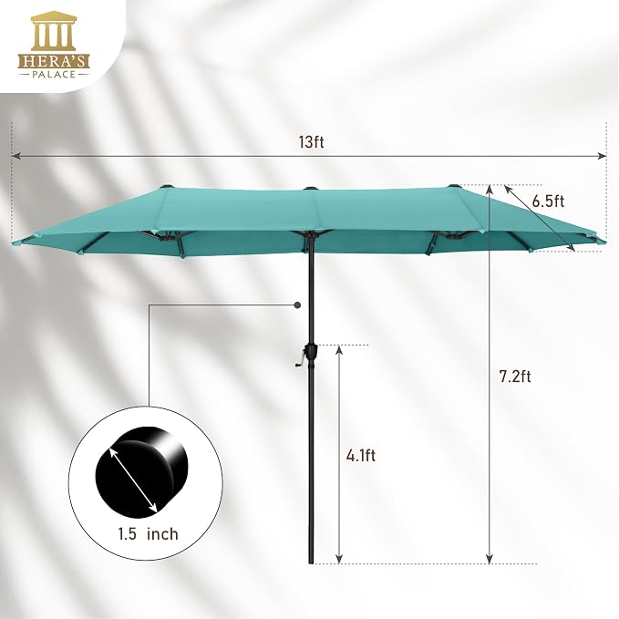 HERA'S PALACE 13 ft Large Double-Sided Twin Patio Umbrella, Outdoor Market Umbrella with Crank Handle, Powerful UV Protective, Turquoise