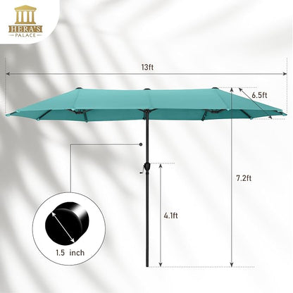 HERA'S PALACE 13 ft Large Double-Sided Twin Patio Umbrella, Outdoor Market Umbrella with Crank Handle, Powerful UV Protective, Turquoise