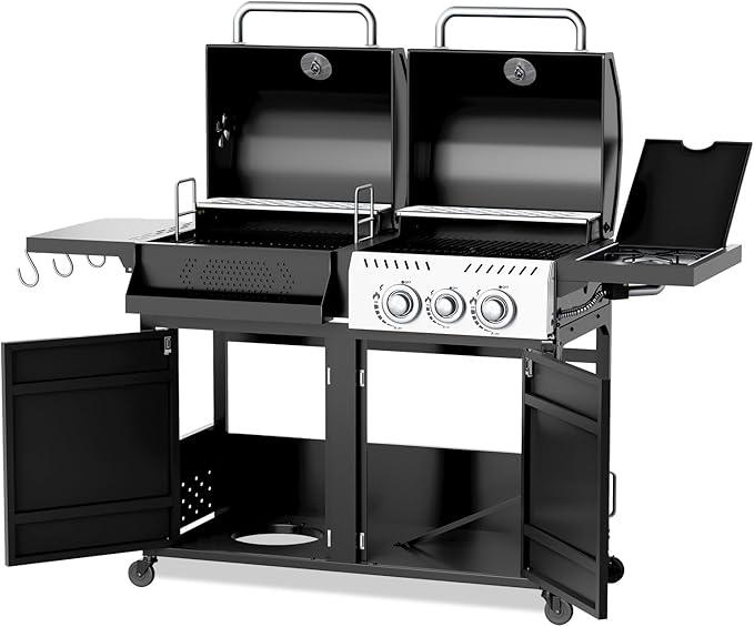 EROMMY 2-in-1 Dual Fuel Propane & Charcoal Grill Combo with Side Burner, Porcelain-Enameled Cast Iron Grates, 646SQIN Large Cooking Area for Outdoor Patio Backyard Barbecue & Party Events