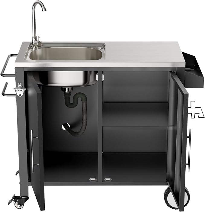 KEIKI Outdoor Grill Table with Sink, Grill Cart with 304 Stainless Steel Sink and Cabinet, Outdoor Cart Station with Wheels, L38 x W18 x H35