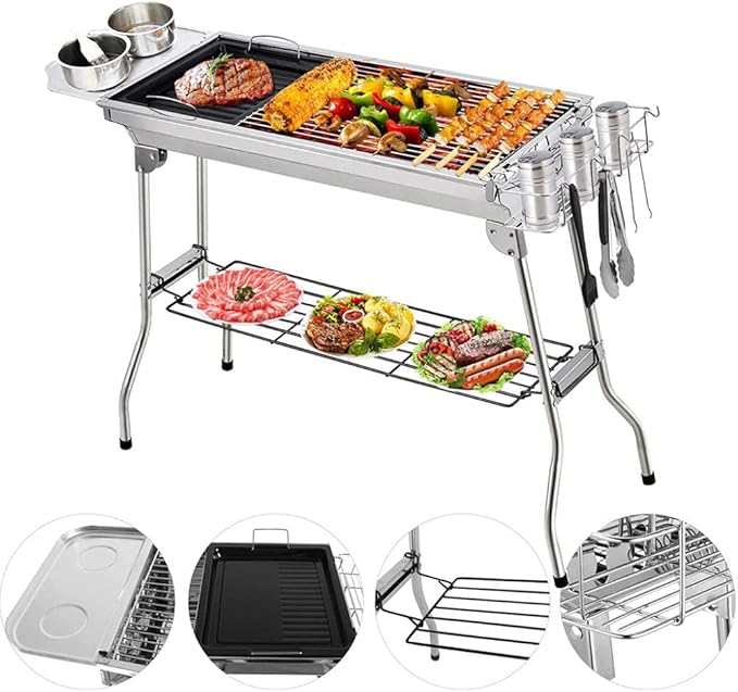 BBQ Grill, Stainless Steel Barbecue Grill Smoker Charcoal BBQ, Folding Portable BBQ for 5-10 Persons Family Garden Outdoor Cooking Hiking Picnics Camping Barbecue Party