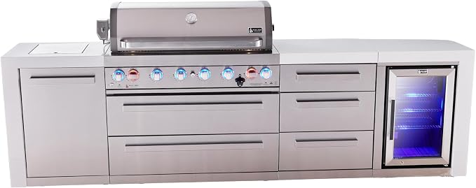 Mont Alpi Deluxe 119"W x 23"D x 46"H Stainless Steel Outdoor Kitchen Island with Refrigerator + 44"W 6-Burner BBQ Grill + Granite Countertops & Sides + Storage Cabinets + Drawers + Rotisserie + Cover