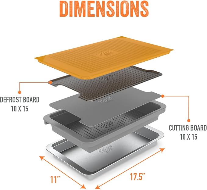 5-Piece BBQ Prep and Serve Set with Marinade Tray | Stainless serving tray, aluminum defrost board, cutting board, snap-on lid, marinade tray.