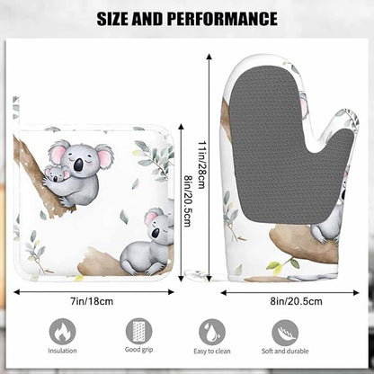 Mxocom Cute Koalas Oven Mitts and Pot Holders Sets Kawaii Baby Koala Mom Koala Tropical Leaves Silicone Heat Resistant Kitchen Oven Gloves Pot Holder for Cooking