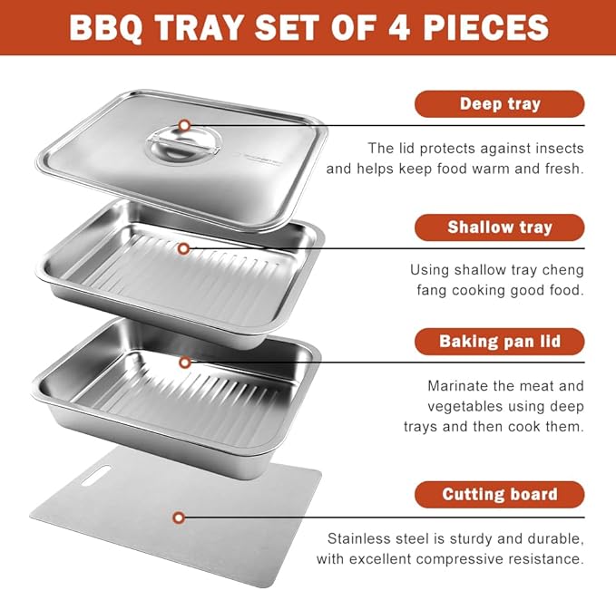 Grilling Prep and Serve Tays, 4pcs Stainless Steel Large Capacity Food Prep Tray Grill Carry System, BBQ Grill Tray Set Marinade Container with Lid and Cutting Board for Outdoor(Color:Silver)