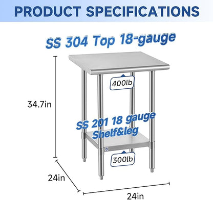ROCKPOINT SS304 Top All Stainless Steel Table for Prep & Work 24x24 Inches, NSF Commercial Kitchen Heavy Duty Table with Adjustable Undershelf for Restaurant,Kitchen, Home and Hotel